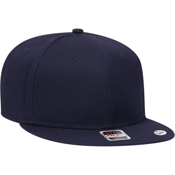 A navy blue six-panel snapback cap featuring a logo on the front.