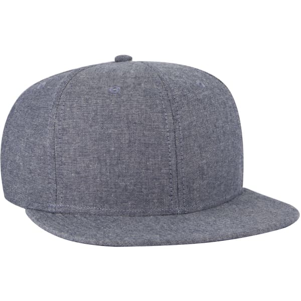 A grey snapback cap with a flat brim and a structured six-panel design, featuring a brand logo.