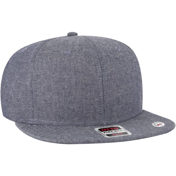 A grey six-panel mid profile snapback cap with a flat brim and a logo on the side.