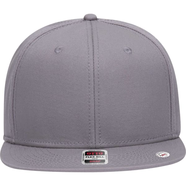 A grey 6 panel mid profile snapback cap with a flat brim, featuring a logo on the front.
