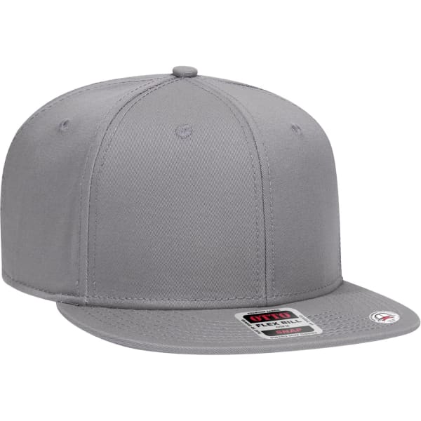 A grey six-panel snapback cap with a flat brim and a logo on the front.