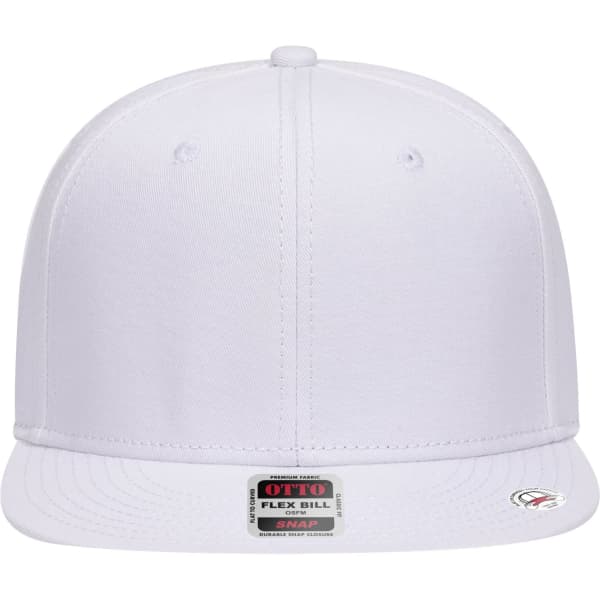 A white 6 panel mid-profile snapback cap featuring a branded label on the underside of the brim.