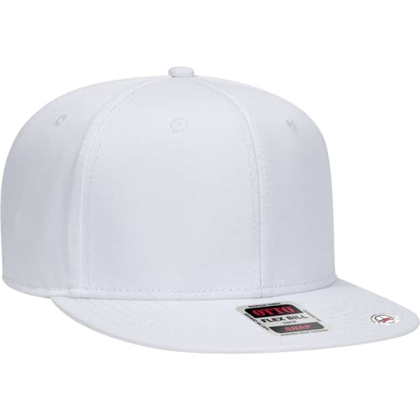 A white six-panel snapback cap featuring a logo on the front and a flat brim.