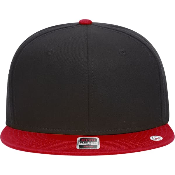 A black and red 6-panel mid-profile snapback cap featuring a flat brim and a logo on the front.