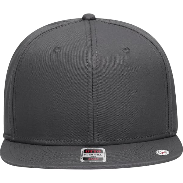 A grey 6 panel mid profile snapback cap with a flat brim and an embroidered logo.