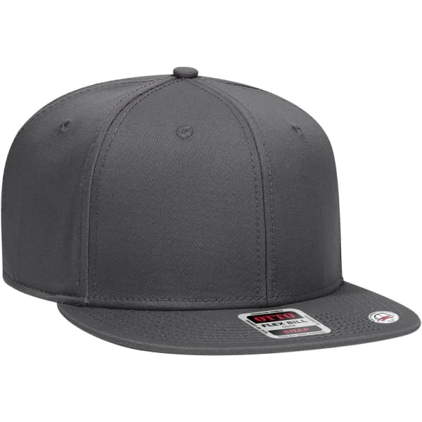 A grey six-panel snapback cap featuring a branded tag. The cap has a flat visor and a structured design.
