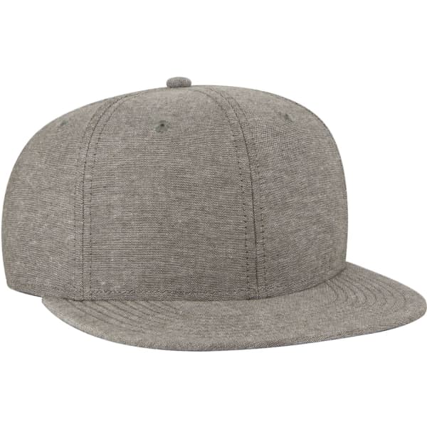 A grey six-panel snapback cap with a flat brim and a top button. Features a logo on the side.