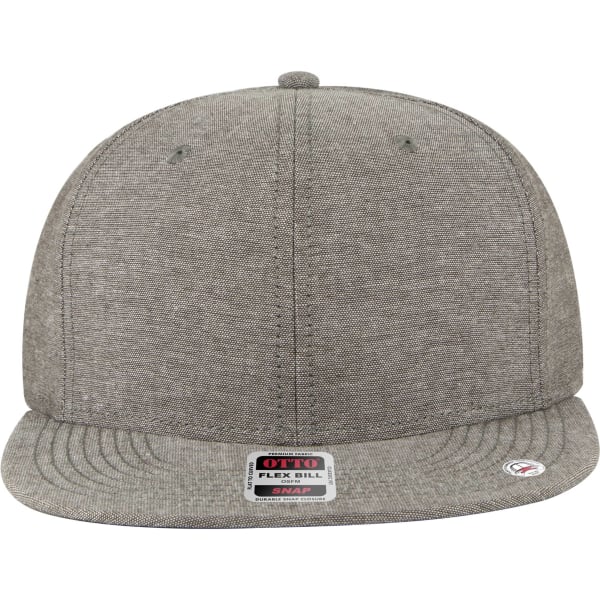 A grey 6 panel mid profile snapback cap with a flat brim and a logo on the side.