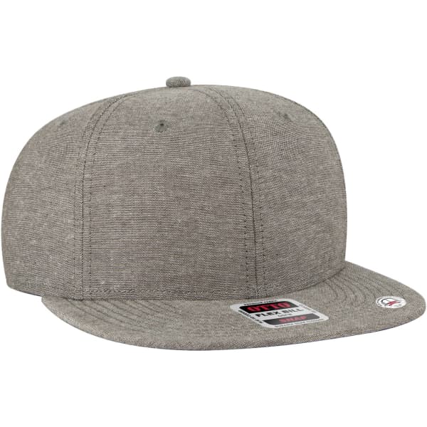 A grey six-panel mid-profile snapback cap with a flat brim and a logo on the side.