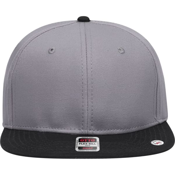 A grey and black 6-panel mid-profile snapback cap with a logo on the front.