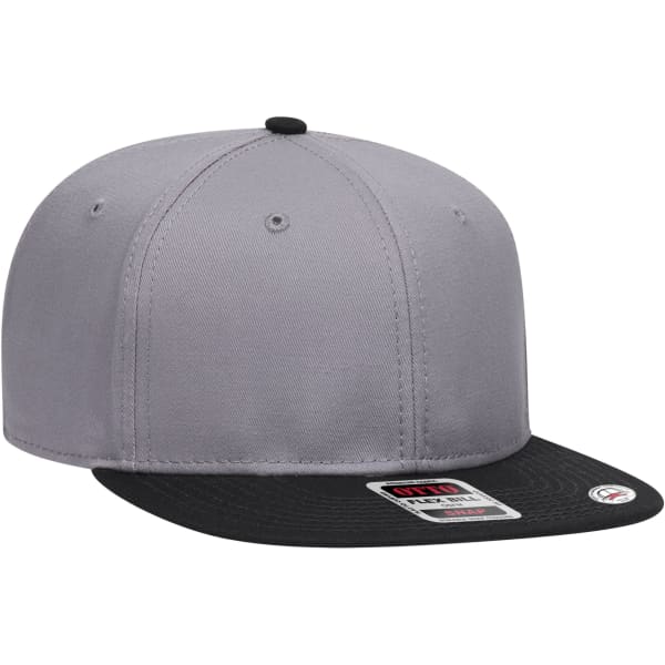 A six-panel snapback cap featuring a grey crown and a black peak, with a visible logo.