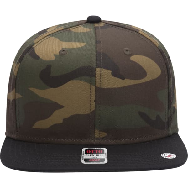 A camouflaged cap featuring a mid-profile design and a black brim, with a branding logo on the front.