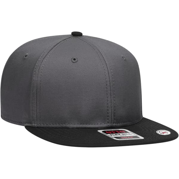 A grey snapback cap with a black brim, featuring a logo on the side.