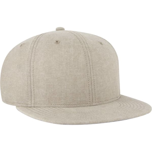 A beige six-panel snapback cap with a flat brim, featuring stitching details and a logo.