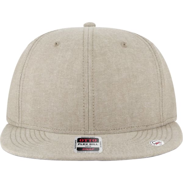 A tan 6 panel mid profile snapback cap with a flat peak and a logo on the front.