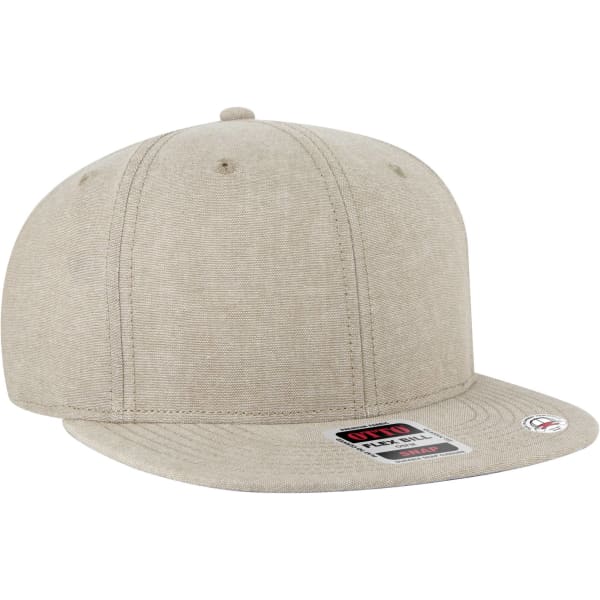A beige 6 panel mid profile snapback cap with a flat brim and a logo on the side.