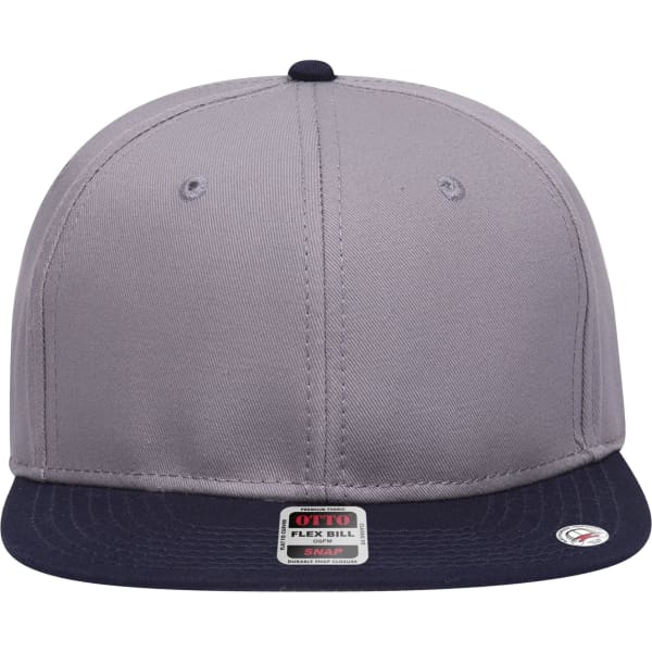 A grey and navy 6-panel mid-profile snapback cap with a flat bill and a logo on the front.