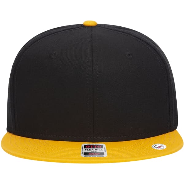 A black and yellow 6 panel mid-profile snapback cap with a flat brim and a logo on the side.