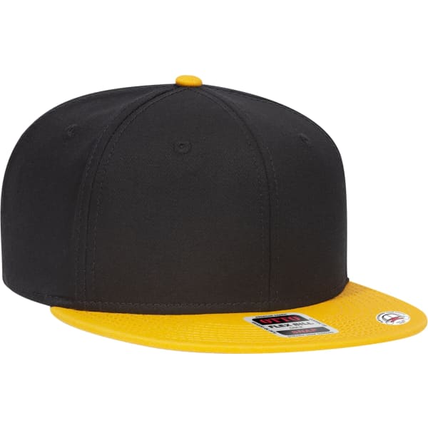 A black cap with a yellow peak and a branded label on the side. It features a six-panel design and a snapback closure.