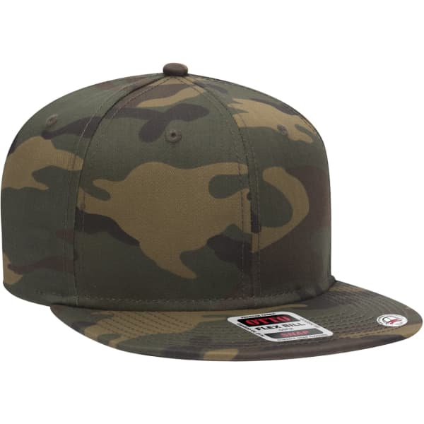 A camouflage six-panel mid-profile snapback cap with a flat brim and a logo on the front.