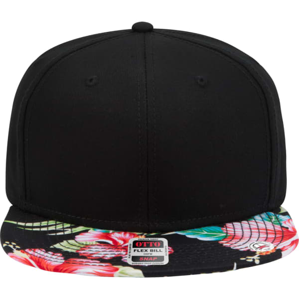 A black snapback cap with a floral-patterned brim and a logo on the front.