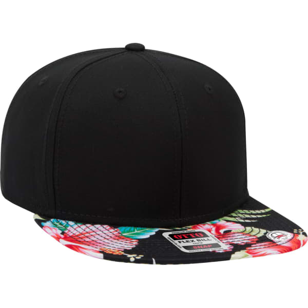 A black snapback cap featuring a floral patterned brim and a logo on the side.