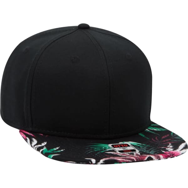 A black snapback cap with a floral-patterned brim and a logo on the side.