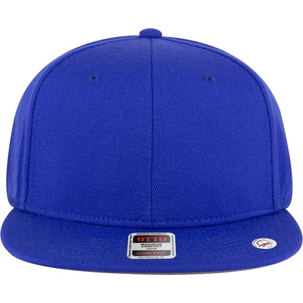 A blue mid-profile snapback cap featuring a solid design and a logo on the front.