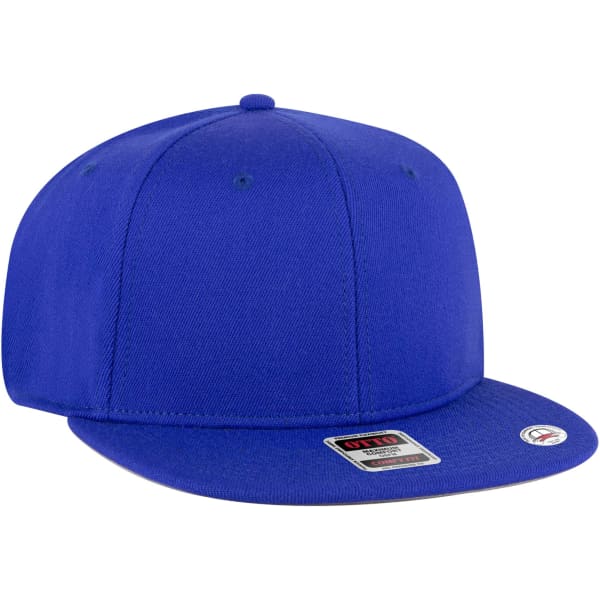 A blue mid-profile snapback hat with a flat brim and a logo on the side.