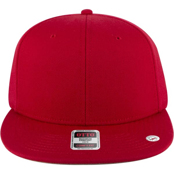 A red snapback cap with a mid-profile style and a logo on the front. It features a six-panel design.