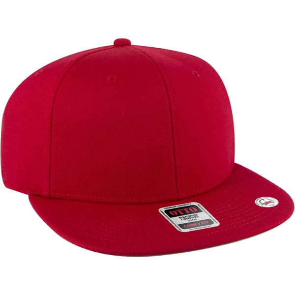 A red mid-profile snapback hat features a flat brim and has a logo on the side.