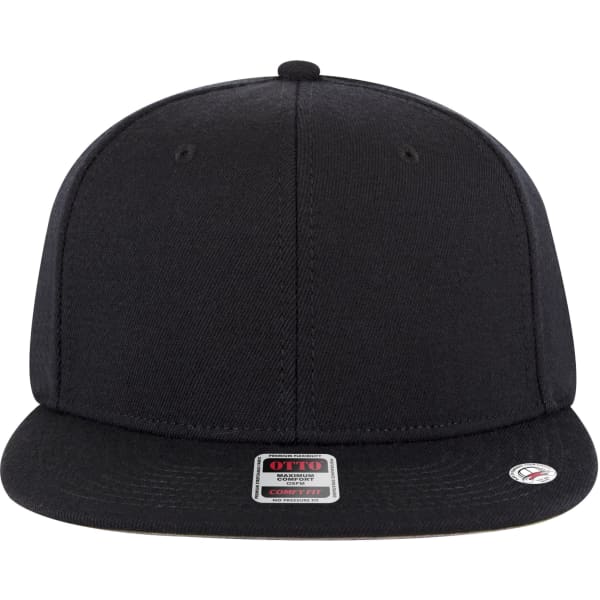 A black 6 panel mid profile snapback cap with a flat brim and an attached logo on the side.