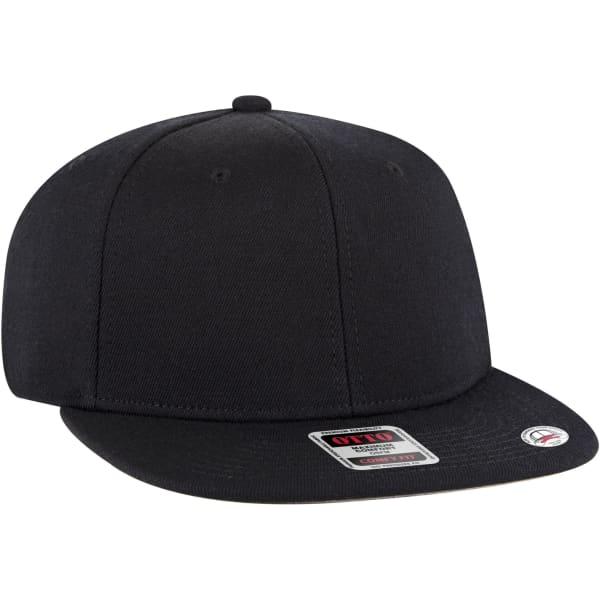 A black mid-profile snapback hat featuring a flat brim and a branded label on the front.