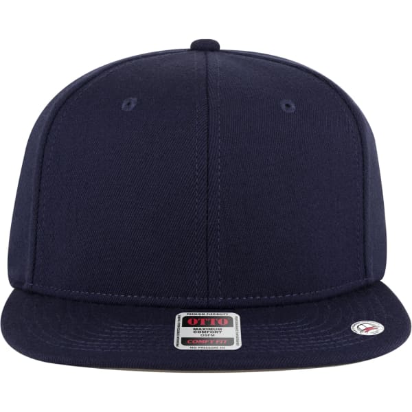 A navy blue six-panel snapback cap featuring a flat brim and a logo on the front.