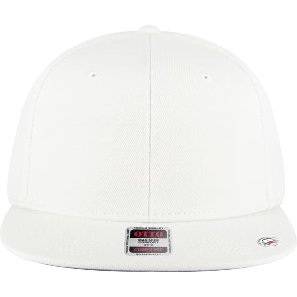 A white snapback cap with a mid-profile style and a logo on the front.