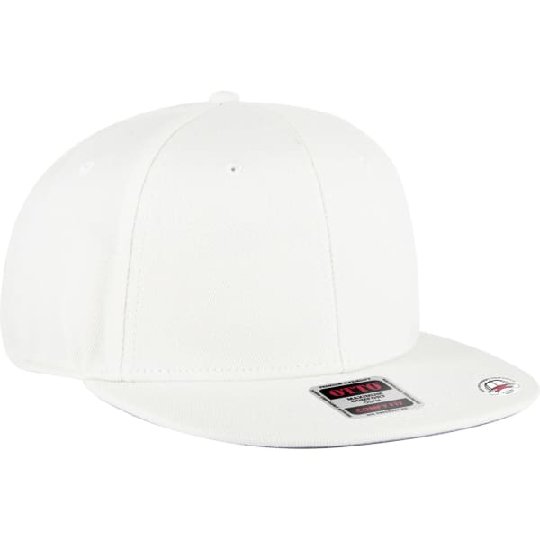 A white mid-profile snapback hat with a flat brim and a small logo.