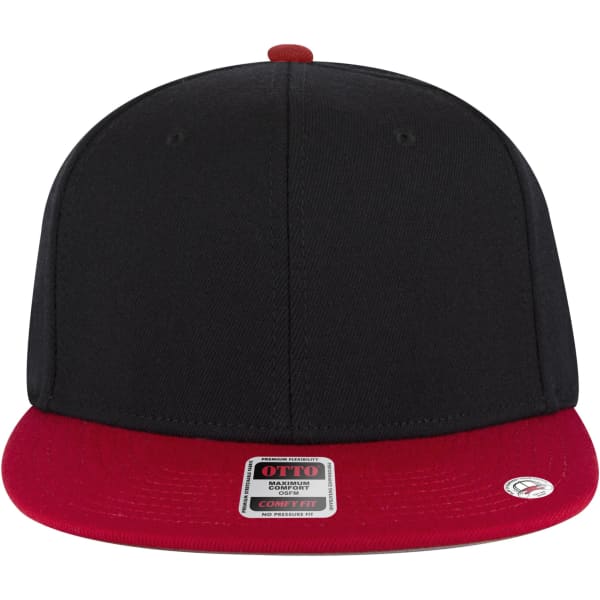 A black and red snapback cap with a mid-profile style and a logo on the front.