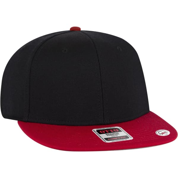 A black and red mid-profile snapback hat featuring a logo on the front.
