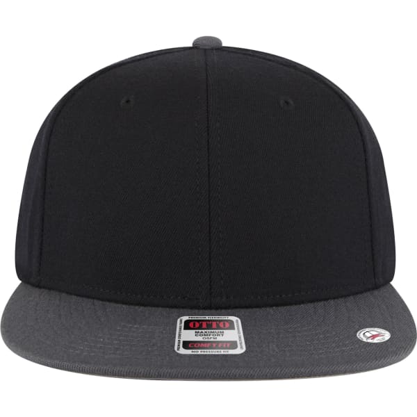 A black snapback cap with a grey brim and a logo on the front. Mid-profile with six panels.