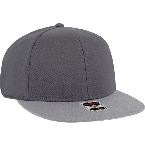A grey snapback hat with a flat brim and a contrasting lighter grey peak, featuring a logo on the front.