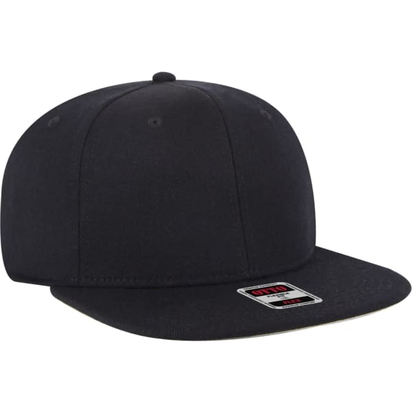 A mid-profile black baseball cap featuring a flat brim and a logo badge on the front.