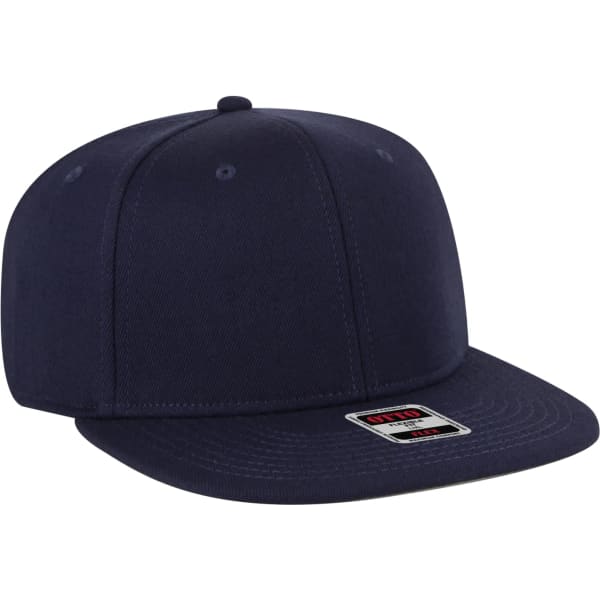 A navy mid profile style baseball cap with a flat brim and a logo on the front.