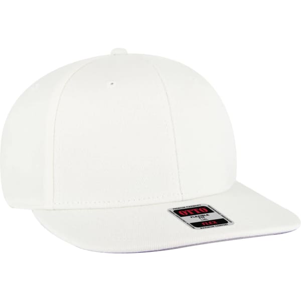 A white mid-profile style baseball cap featuring a flat brim and a logo label on the front.