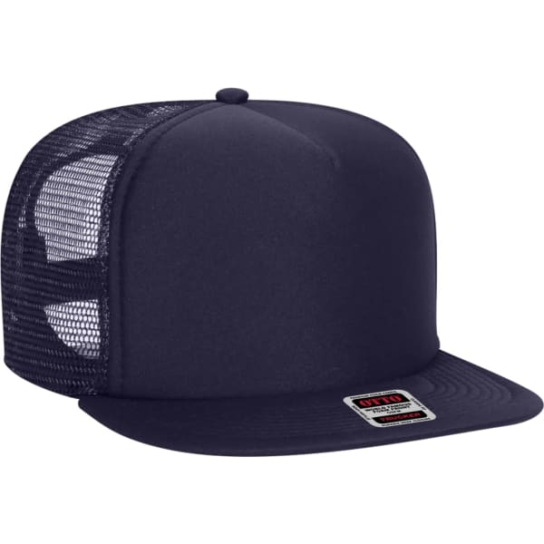 A navy blue trucker cap with a mesh back and a branded label on the front.