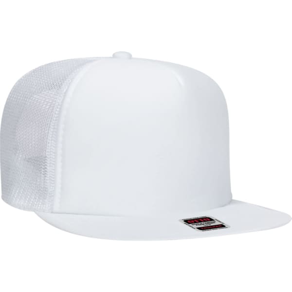 A white trucker cap with a solid front and mesh back, featuring a small logo on the front.