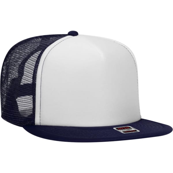 A five-panel trucker cap featuring a white front and navy mesh back, complete with a logo on the brim.