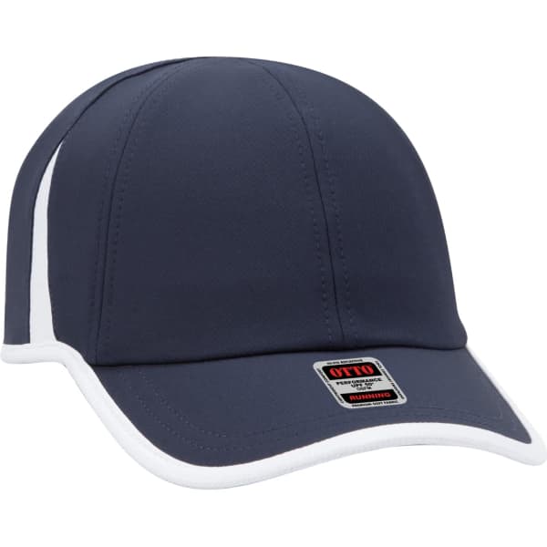 A navy blue six-panel running hat with a white trim and a branded logo on the front.
