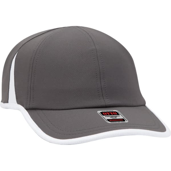 A grey running hat with white accents and a branded tag, featuring six panels and a curved brim.