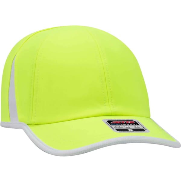 A bright yellow six-panel running hat with a white brim and a logo on the front.