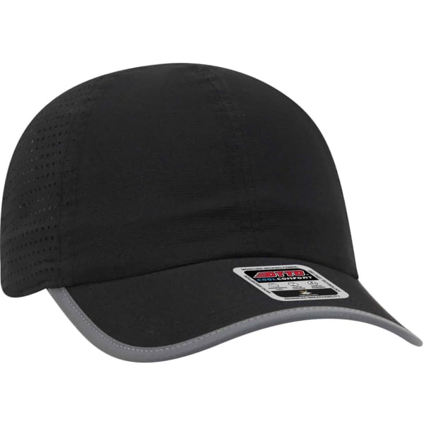 A black reflective six-panel running hat with grey trim and a logo. Features perforated detailing for breathability.